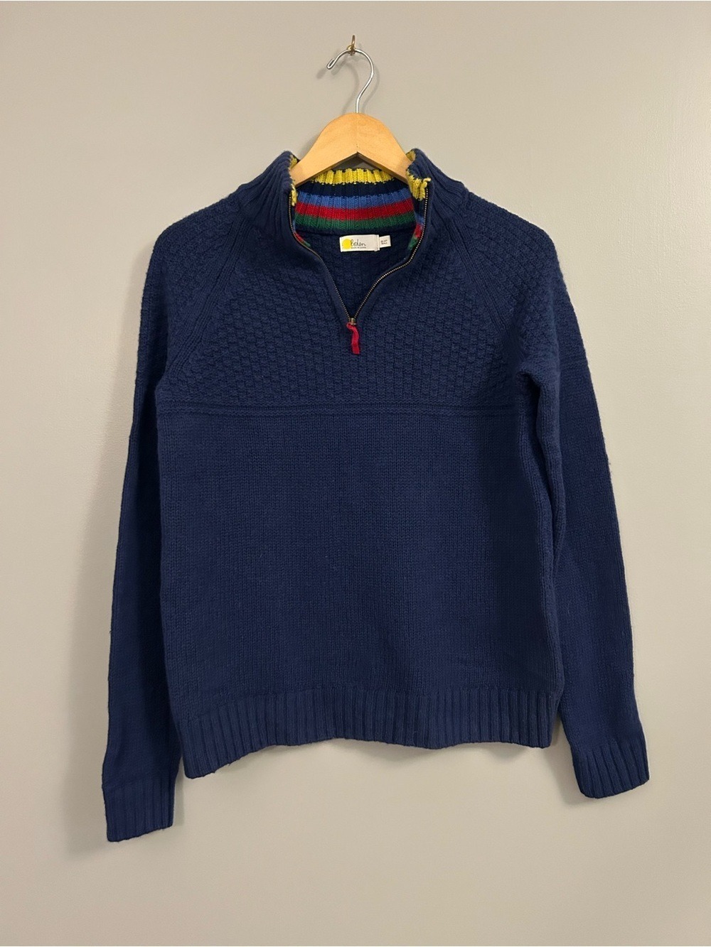 Boden Navy Half-Zip Sweater with Rainbow Collar Trim Boys 13-14 Years Wool Blend